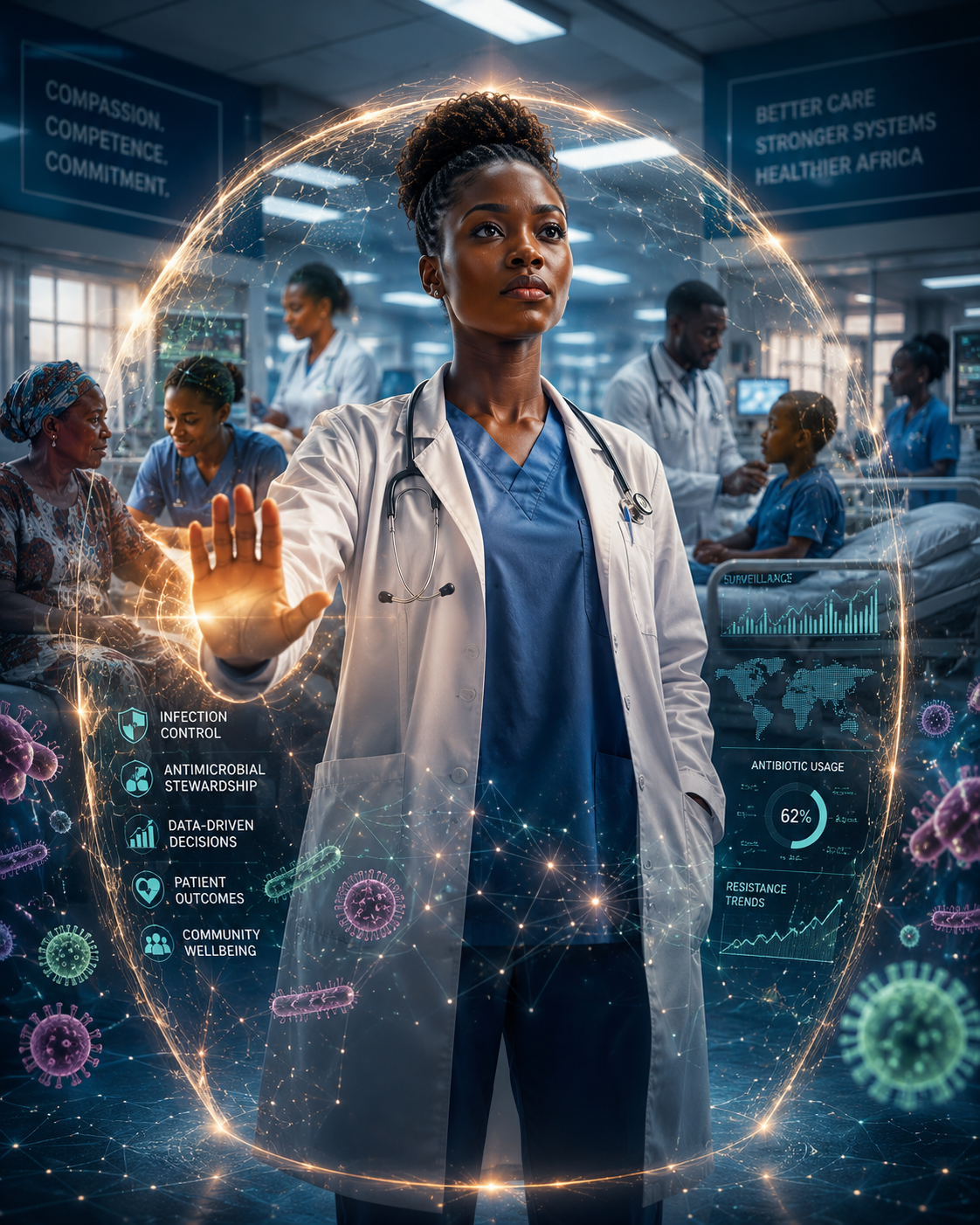 Black Sub-Saharan African healthcare professional standing confidently in a hospital environment with a protective light effect symbolizing clinical stewardship, with diverse African patients and staff in the background.