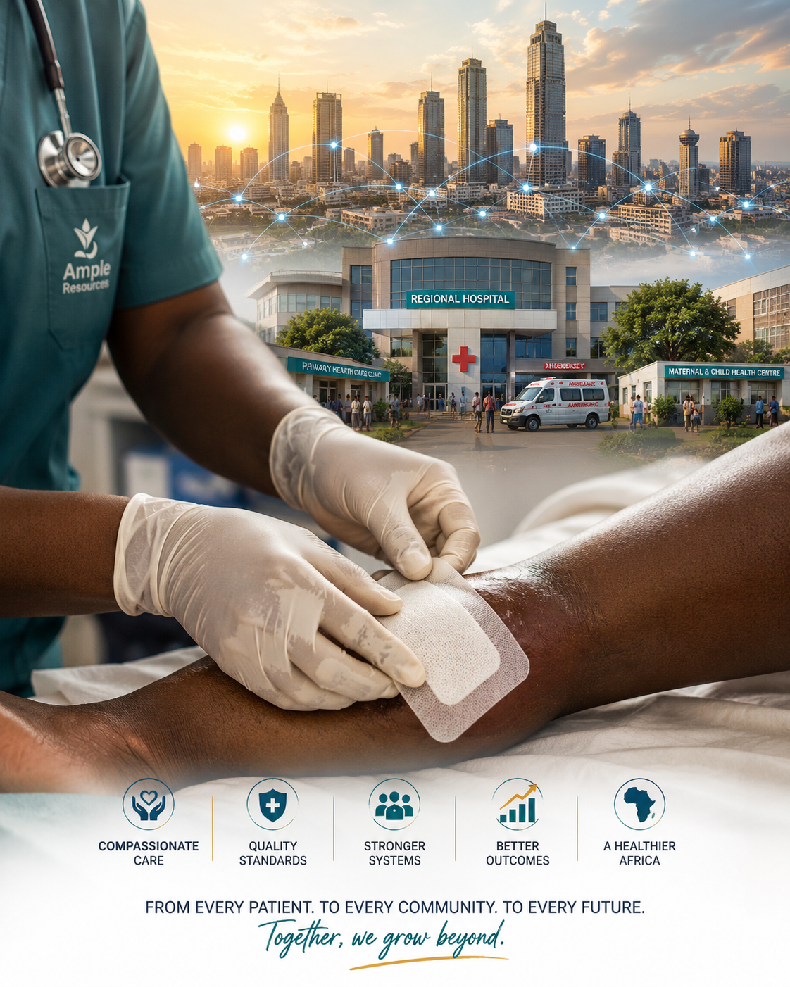 Close-up of an Ample Resources clinician in scrubs transitioning into a connected African city hospital network, representing bedside wound care excellence scaling into healthcare systems performance across Sub-Saharan Africa.